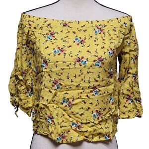 Papermoon Yellow Floral Blouse‎ Womens Sz S Petite Off Shoulder Crop Top Shirt